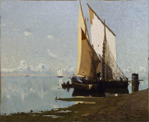 Barche chioggiotte a Venezia di Guglielmo Ciardi, olio su tela, cm 47X57, 1878-80