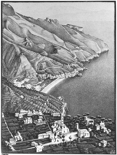 M. C. Escher, Ravello e la Costa d'Amalfi, litografia, 1932