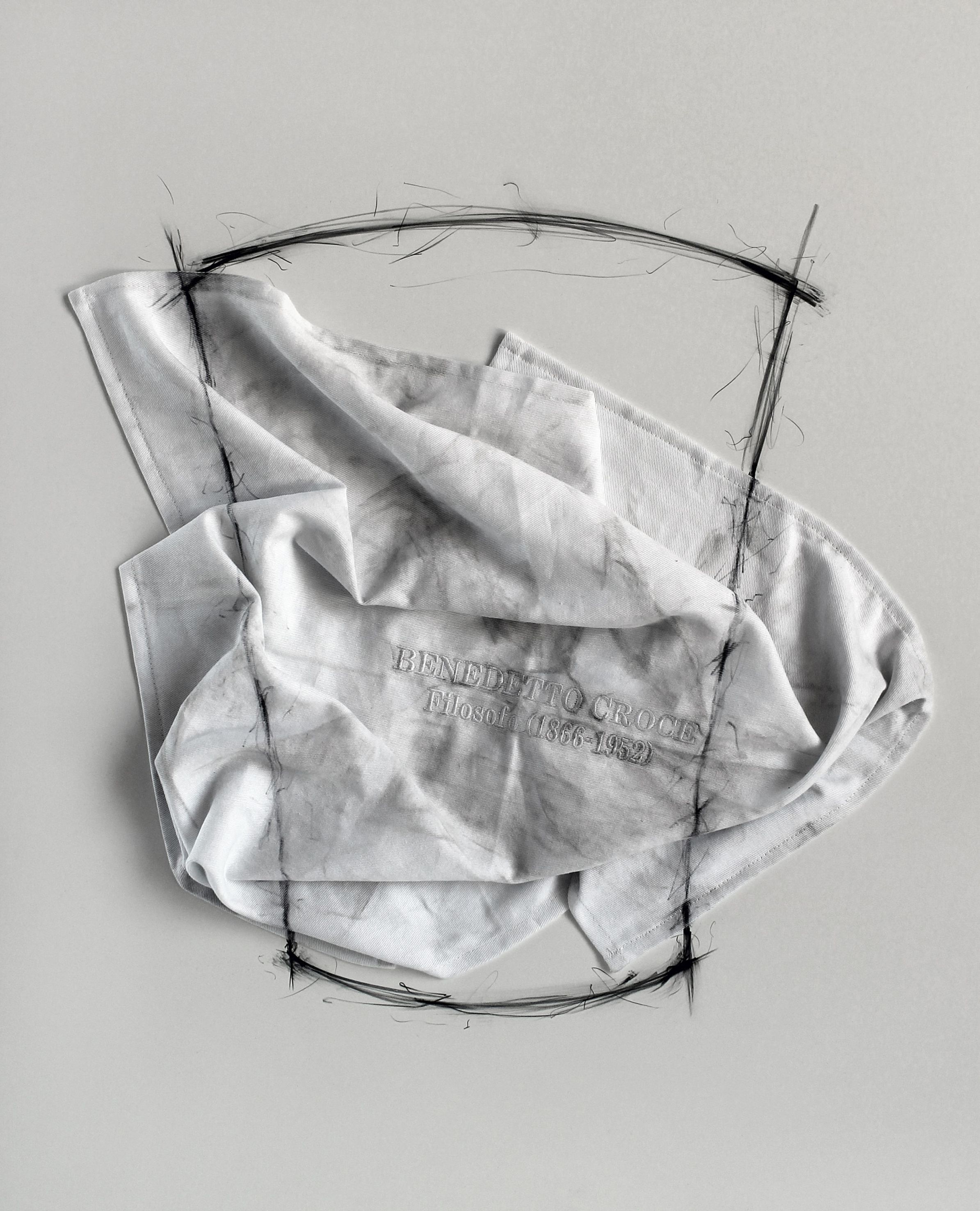 Gino Sabatini Odoardi, Senza titolo con B.C., 2015, cotone ricamato, polvere, grafite, polistirene, cm 55x68x4
