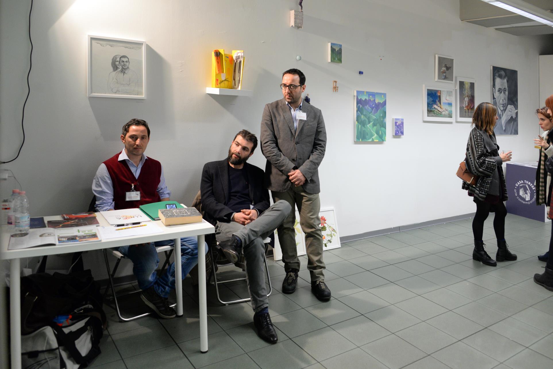Fotografia dello Stand di Casa Turese, Setup 2016, Bologna, da sinistra Tommaso de Maria, Angelo Maisto e Michele Attianese, Courtesy Angelo Marra